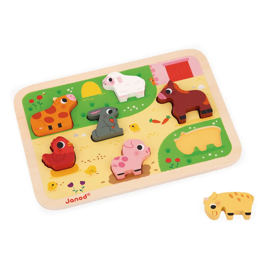 Janod Chunky Puzzle Ferme 7 pièces* Tracteurs & Animaux De La Ferme|Puzzles En Bois Premier Âge