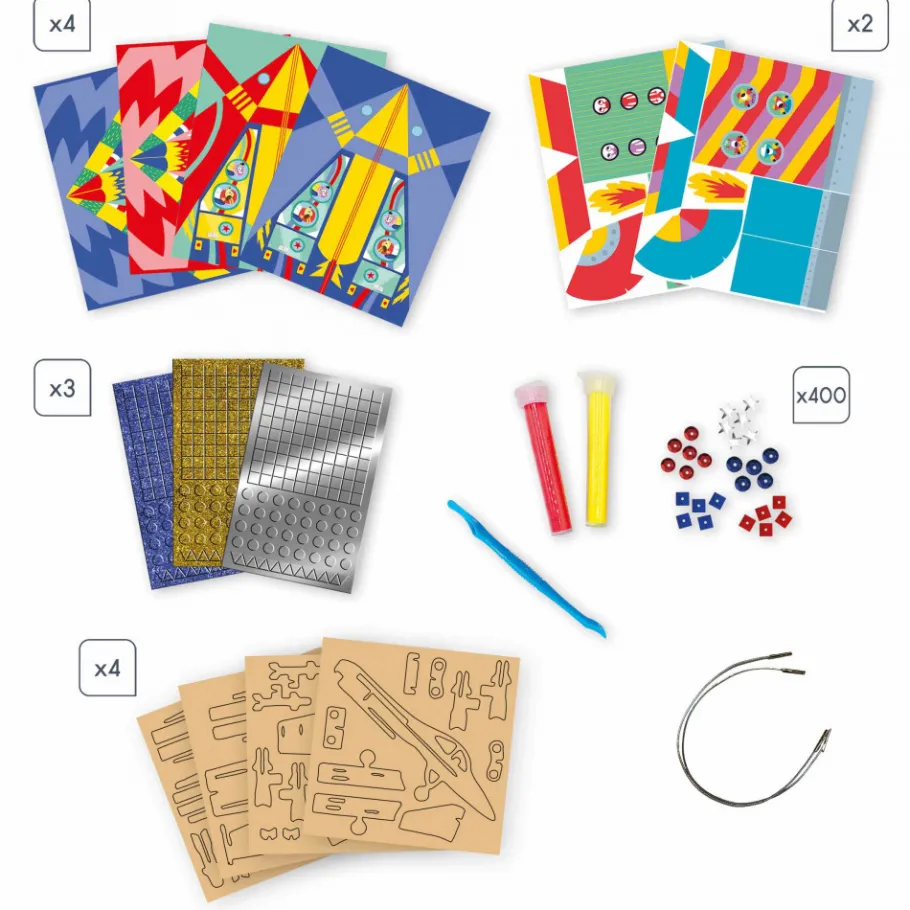 Janod Coffret Créatif Multiactivités Aventuriers de l'Air* Créations 3D|Sable, Paillettes, Dorure & Strass