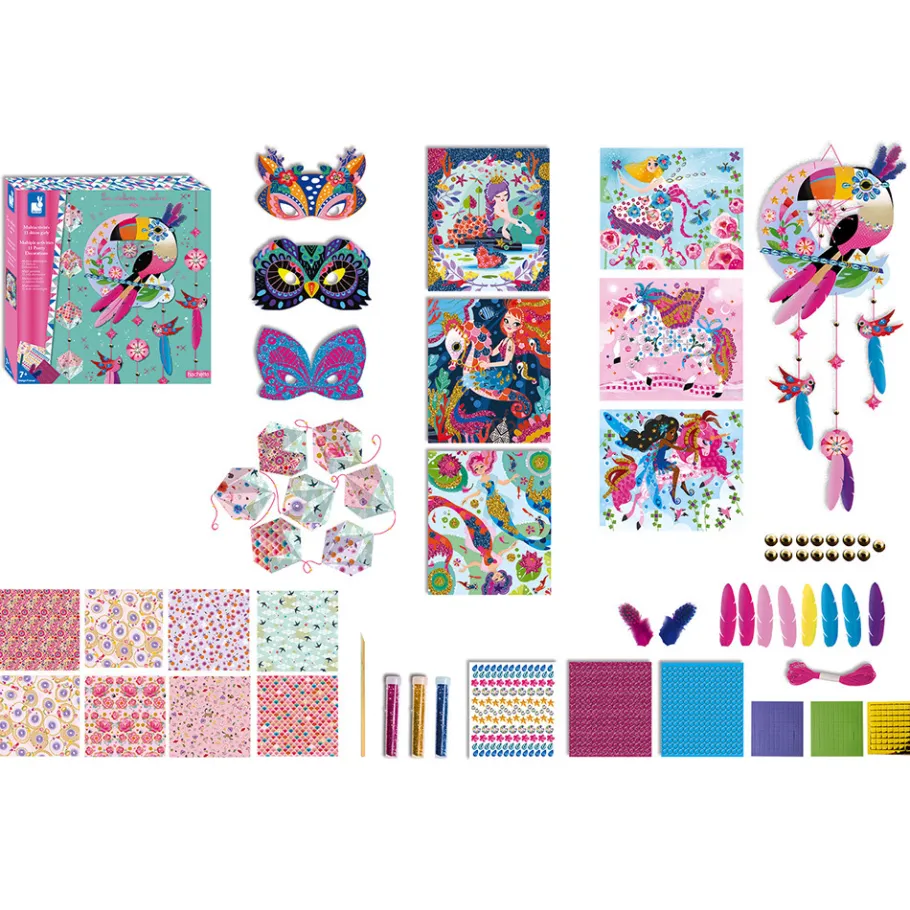 Janod Kit Créatif - Coffret Multi-Activités 11 Décos Girly* Créations 3D|Sable, Paillettes, Dorure & Strass