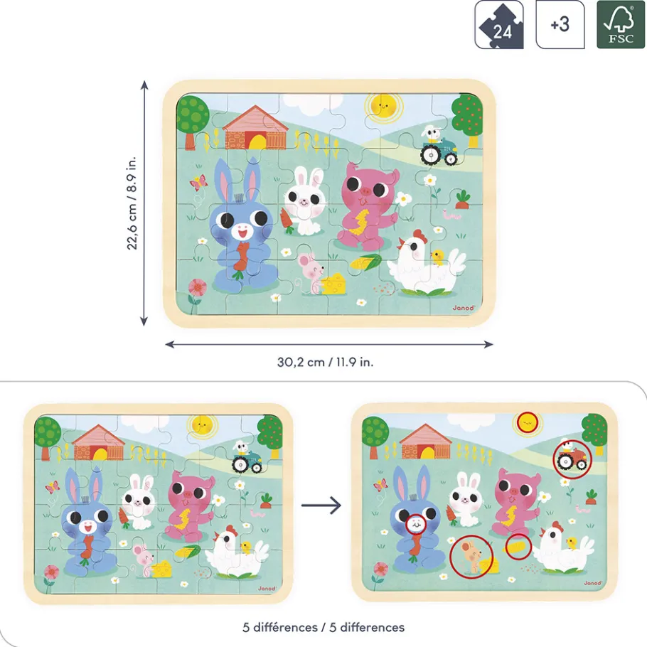 Janod Puzzle en bois A la ferme 24 pièces* Tracteurs & Animaux De La Ferme|Puzzles En Bois Premier Âge