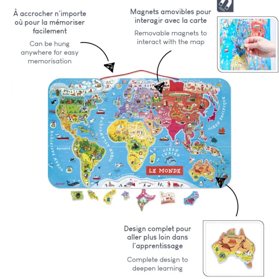 Janod Puzzle Monde Magnétique 92 pièces* Jeux Éducatifs Primaire|Jeux Éducatifs Science & Géographie