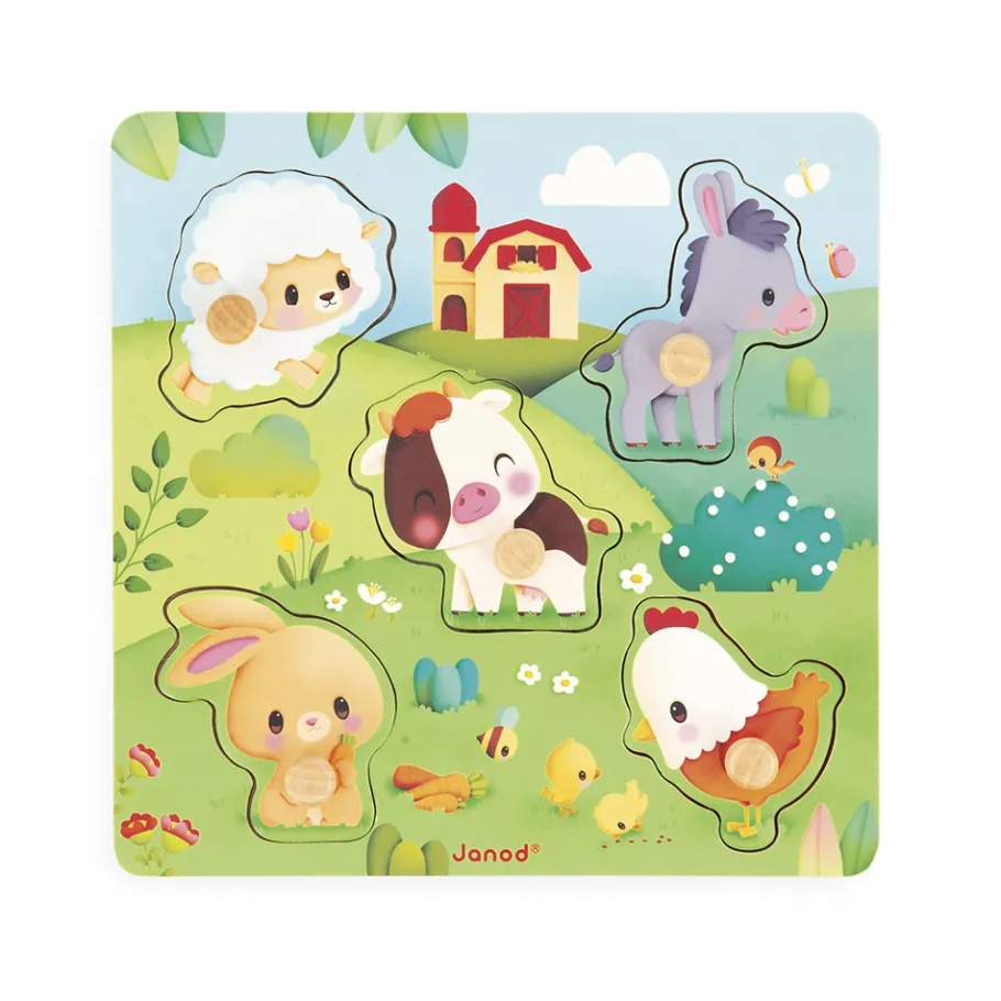 Janod Puzzle tactile Ferme 5 pièces* Tracteurs & Animaux De La Ferme|Puzzles En Bois Premier Âge