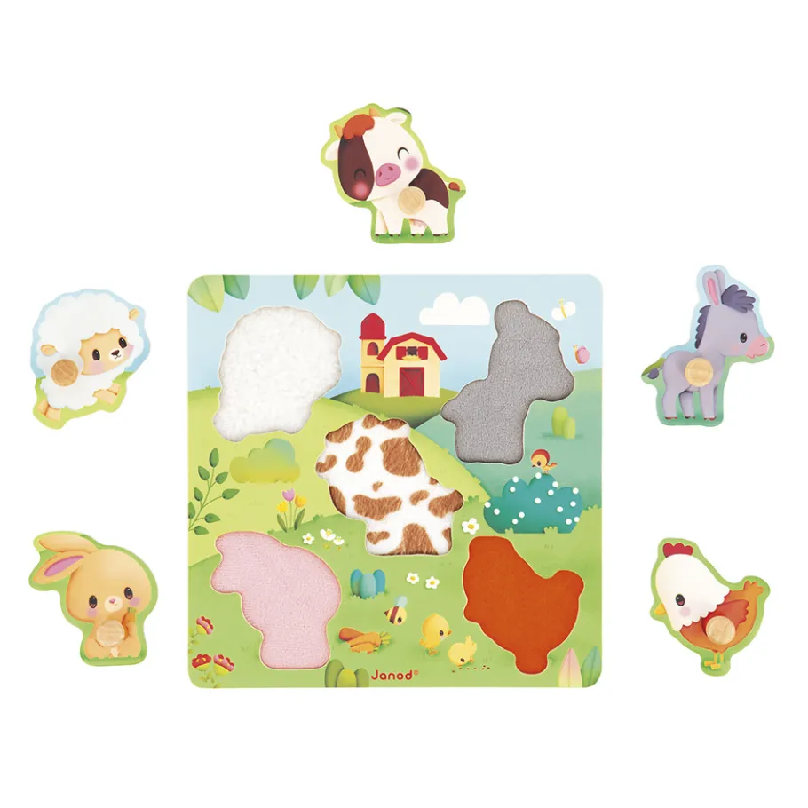 Janod Puzzle tactile Ferme 5 pièces* Tracteurs & Animaux De La Ferme|Puzzles En Bois Premier Âge