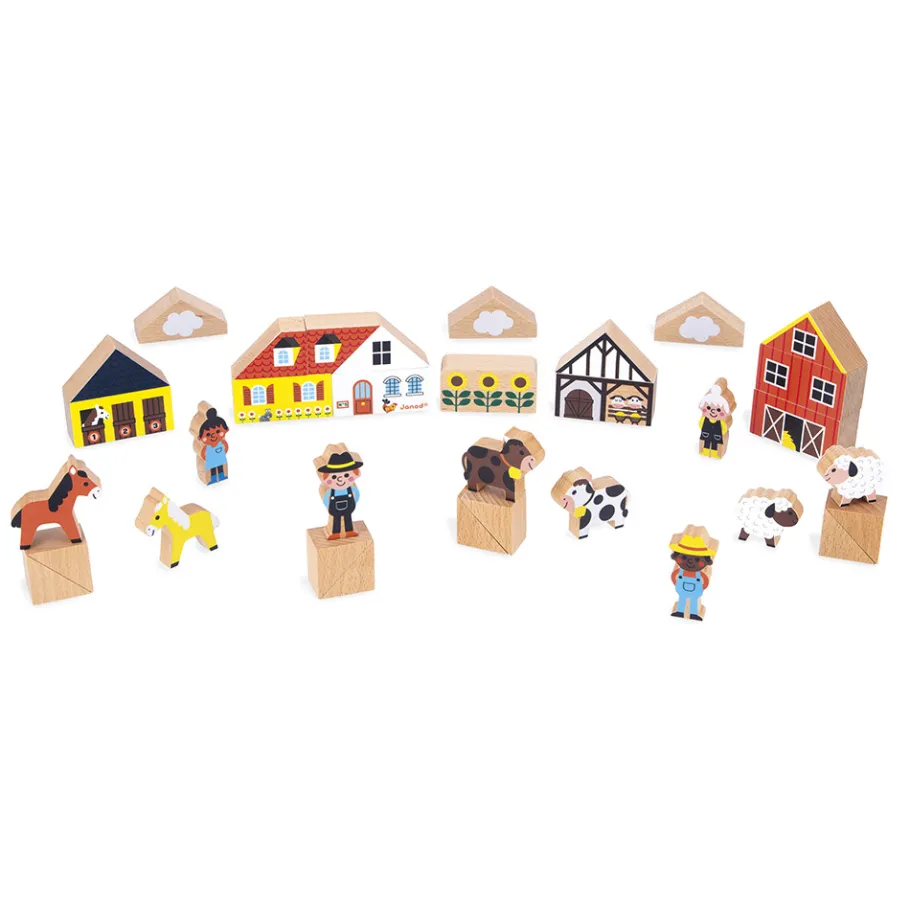 Janod Set de 34 cubes en bois Campagne - Cross Roads* Jeux De Construction|Tracteurs & Animaux De La Ferme