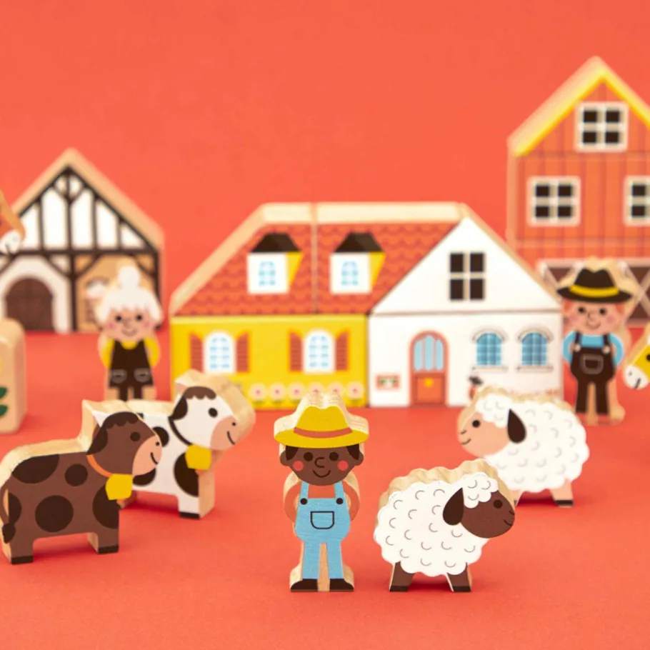 Janod Set de 34 cubes en bois Campagne - Cross Roads* Jeux De Construction|Tracteurs & Animaux De La Ferme